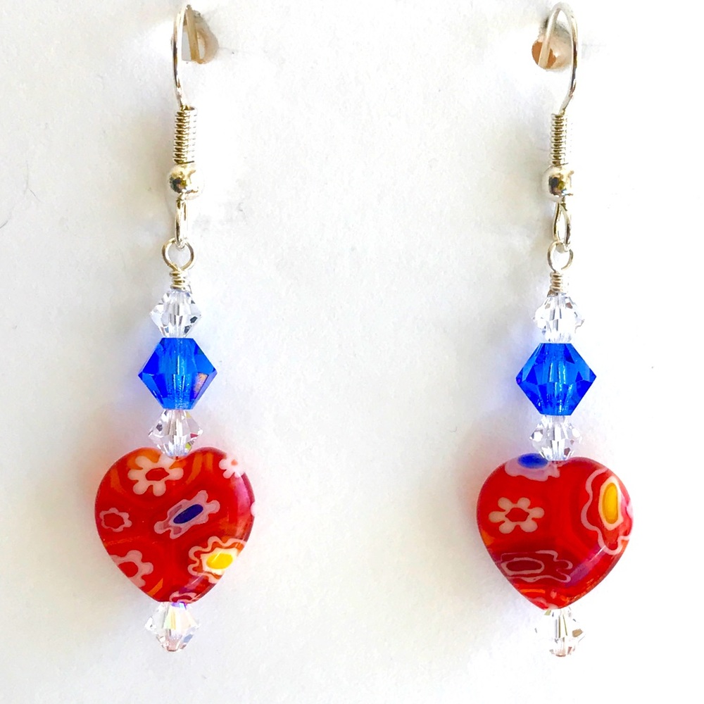 Millefiori Heart bead and Crystal earrings. Hand crafted.